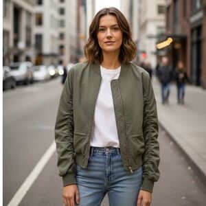 7Diamonds Infinity Bomber Jacket Olive Green Ruched Sleeve Orange Lng Womens S